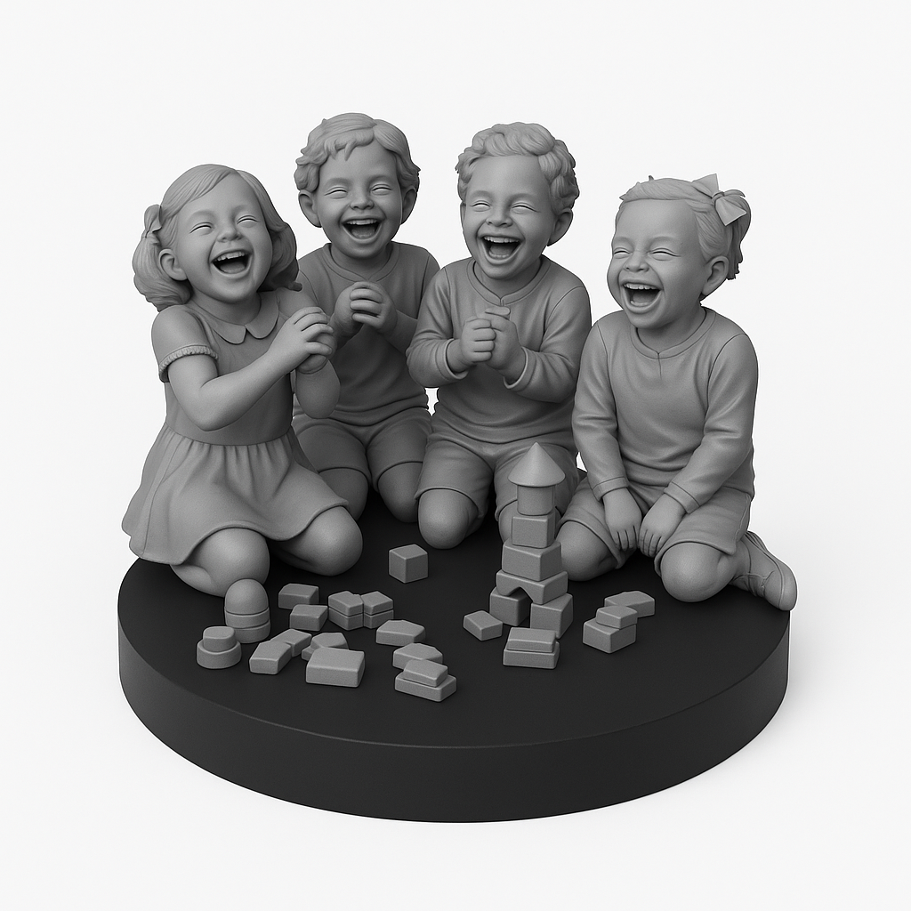 Gray statue of four children playing with blocks on a black base