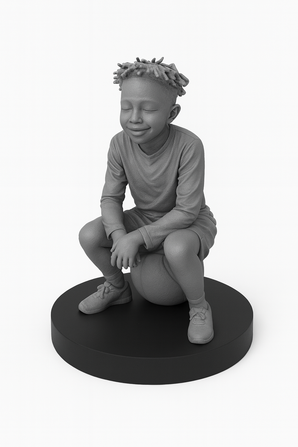 Gray statue of a child sitting on a ball with a white background
