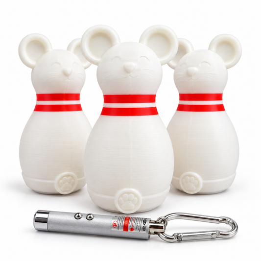 Kit n Kat Shop Mouse Bowling cat toy set: three white mouse-shaped bowling pins with red stripes and a laser pointer