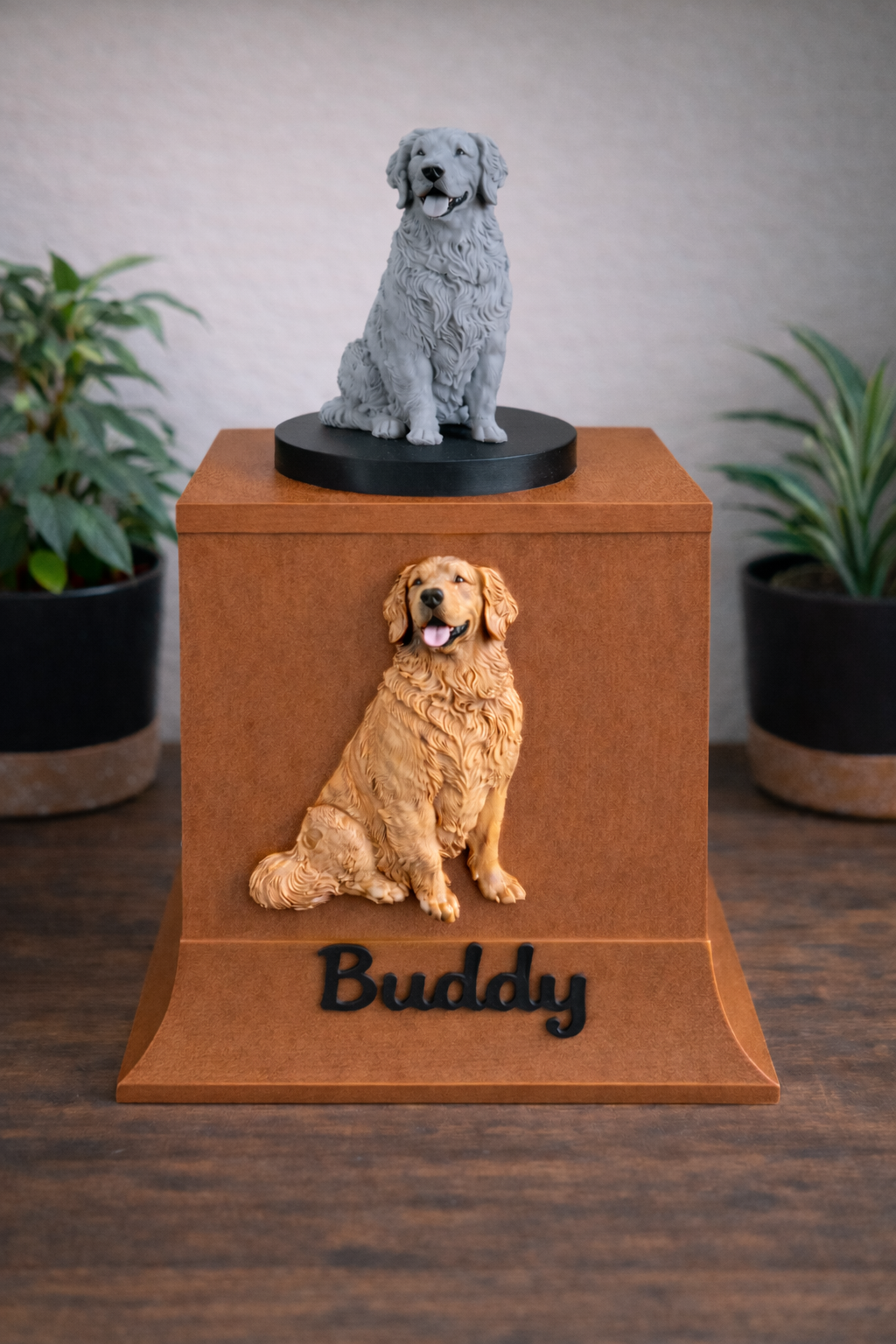 Extra large brown memorial urn with sculptural tribute displayed in a calm interior setting