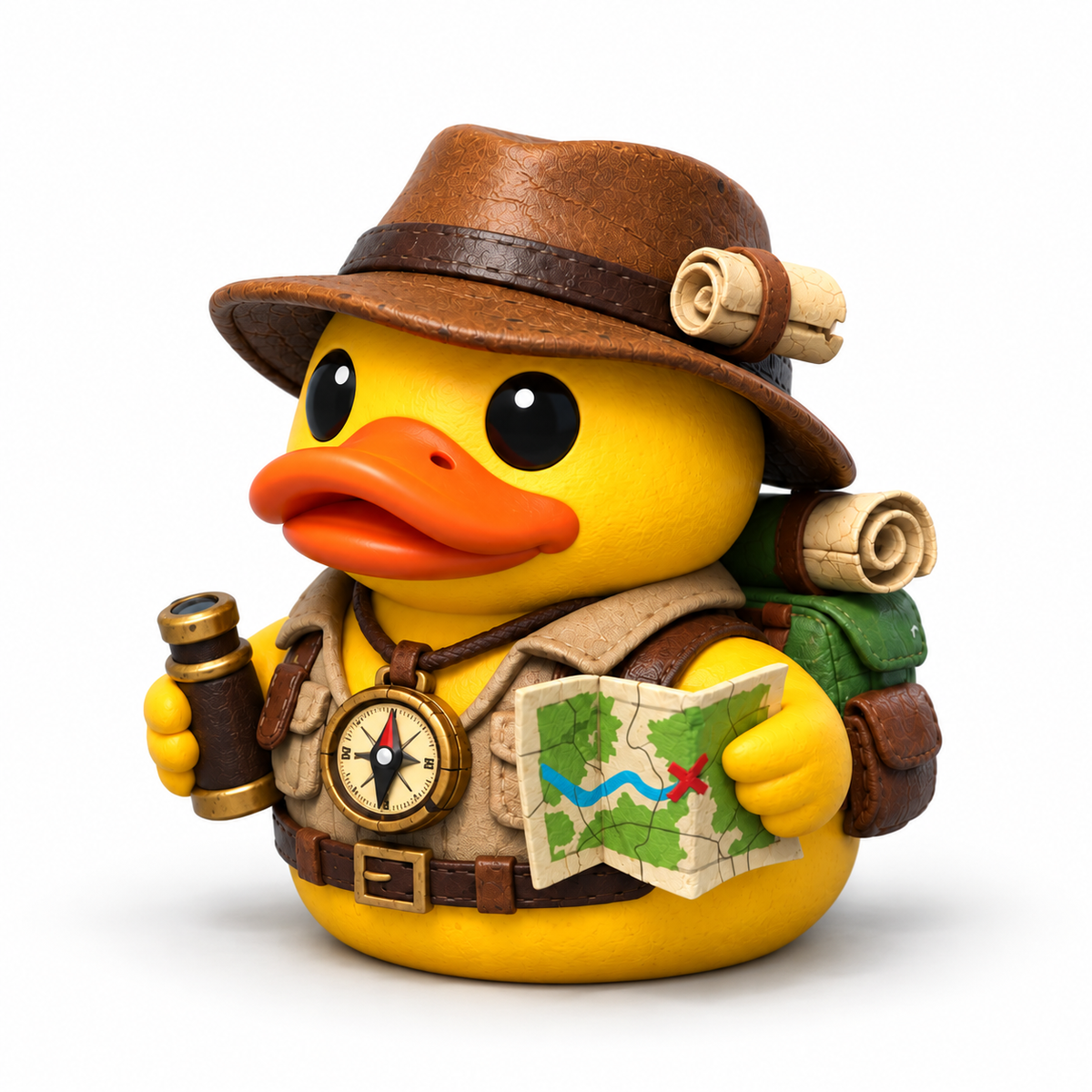 Illustrated Atlas the Pathfinder Adventure Ducks character in a brown fedora and tan vest, on a white background.