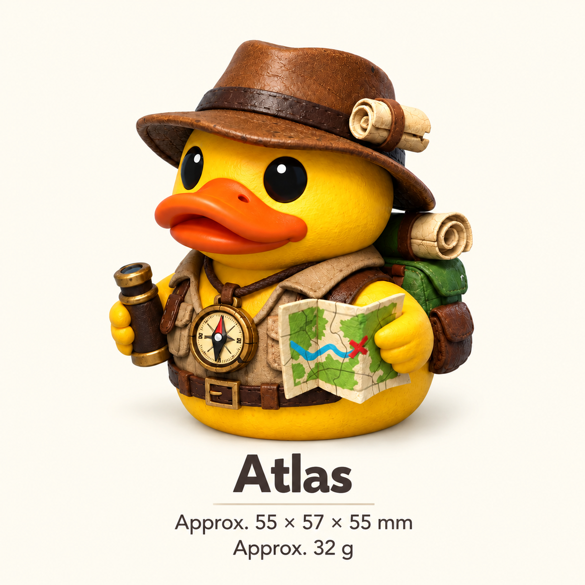 Atlas illustrated size guide: approximately 55 by 57 by 55 millimeters and 32 grams.