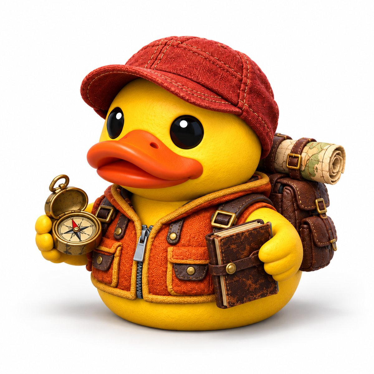 Illustrated Blaze the Trailblazer Adventure Ducks character with red cap, orange vest, compass and notebook on white.