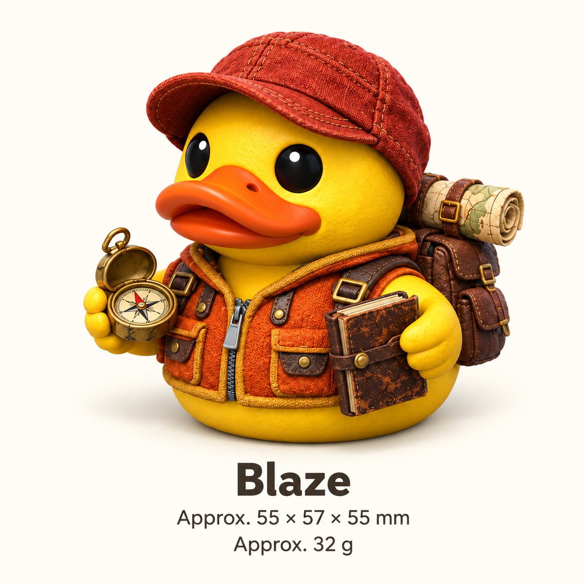 Blaze illustrated size guide: approximately 55 by 57 by 55 millimeters and 32 grams.
