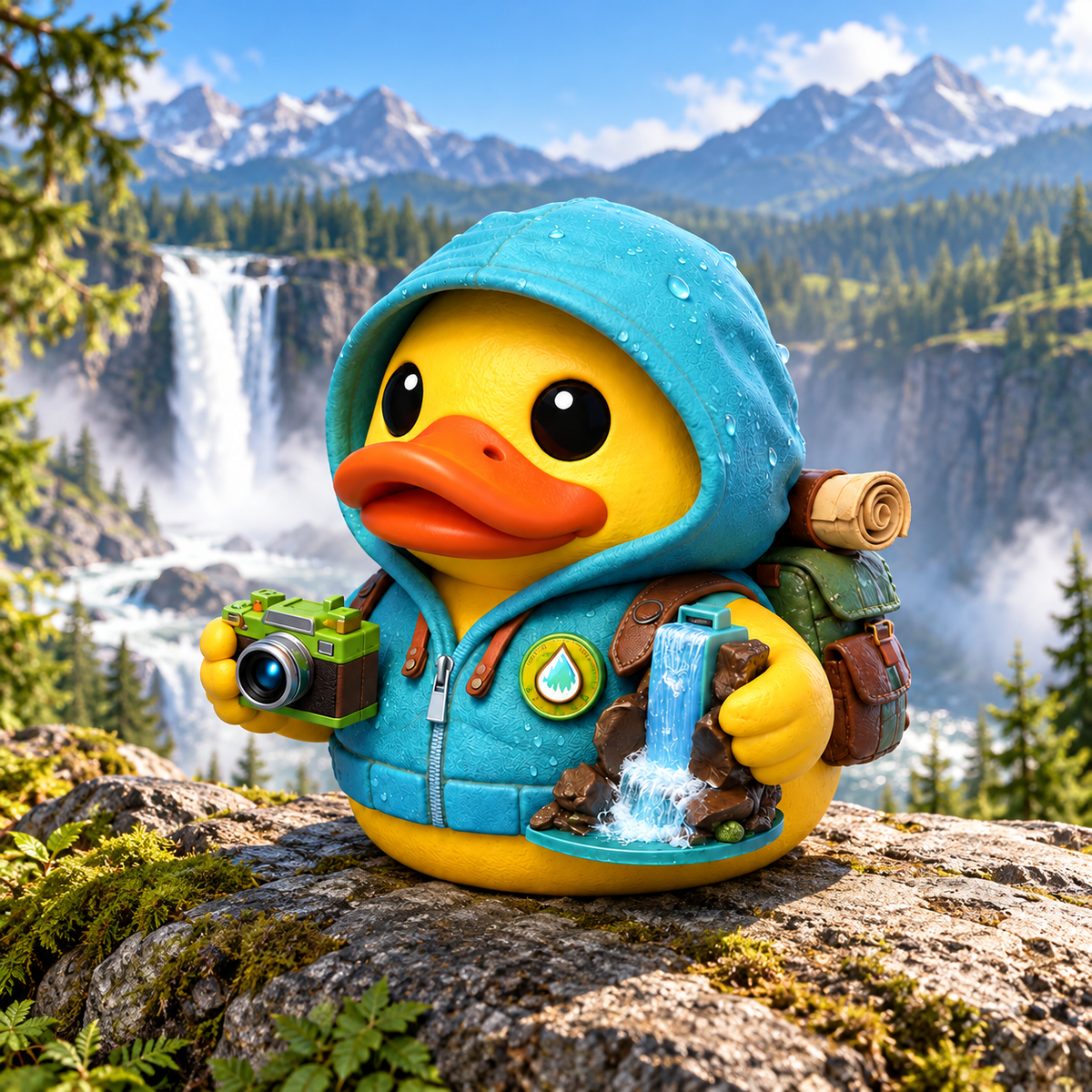 Illustrative Cascade adventure scene at a scenic waterfall overlook; generated character artwork.