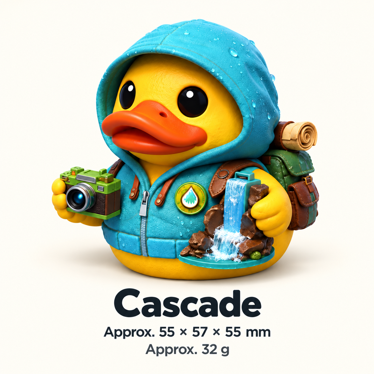 Cascade illustrated size guide: approximately 55 by 57 by 55 millimeters and 32 grams.