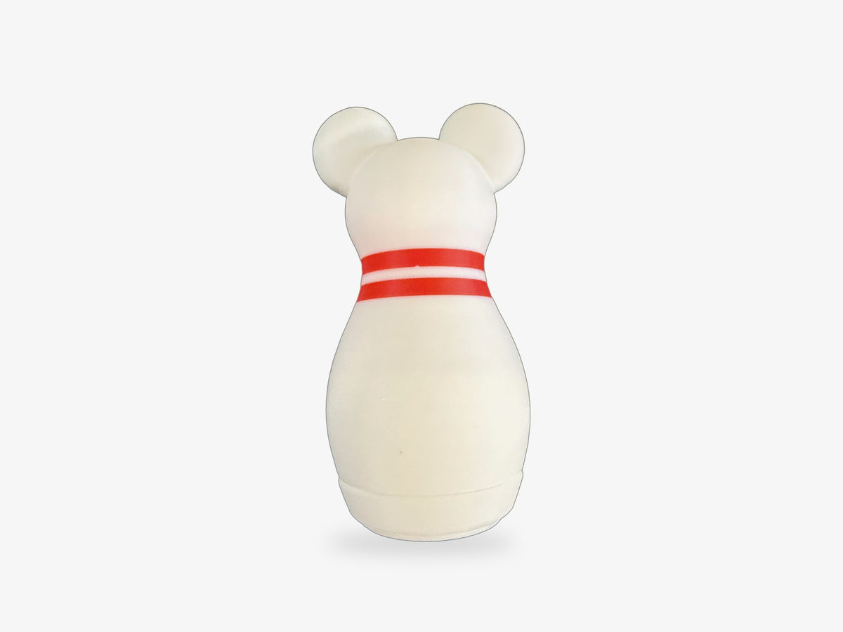 Back of a Mouse Bowling pin: white mouse with round ears and two red stripes