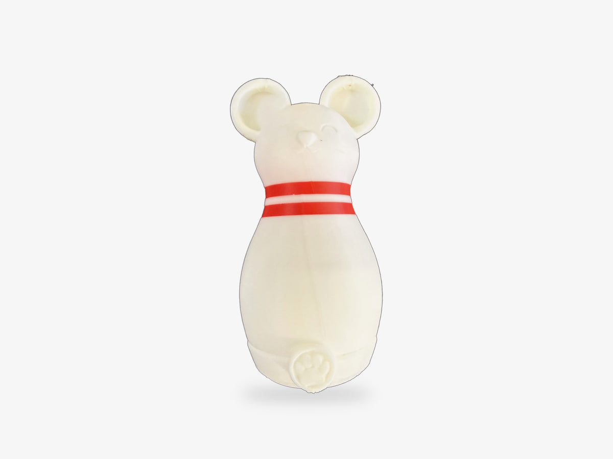Front of a Mouse Bowling pin: white bowling-pin mouse with round ears, two red neck stripes and a raised paw-print detail